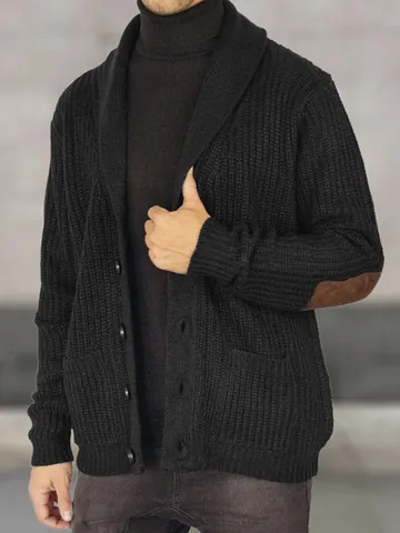 Men's Casual Knitted Cardigan Jacket Suede Elbow Patches Shawl Collar Long Sleeve Warm Sweater Outwear Autumn Winter Fashion