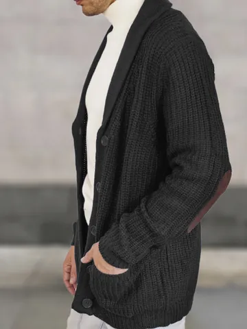 Men's Casual Knitted Cardigan Jacket Suede Elbow Patches Shawl Collar Long Sleeve Warm Sweater Outwear Autumn Winter Fashion