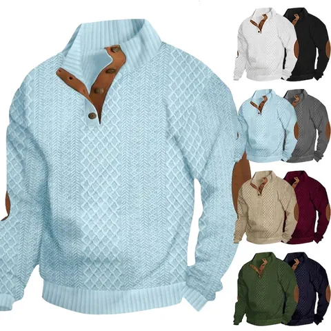Men Vintage Stand Collar Sweatshirt Jacquard Knit Top With Elbow Patches Regular Fit Casual Long Sleeve Pullover
