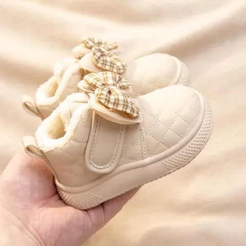 Bottes en Coton d'Hiver pour Bébé Fille Nœud Écossais Treillis Microfibre Doublure en Peluche Chaud Antidérapant Chaussures Premier Pas Bottines pour Tout-petits