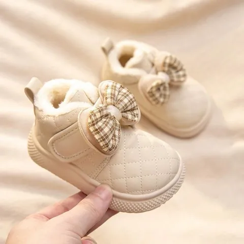 Bottes en Coton d'Hiver pour Bébé Fille Nœud Écossais Treillis Microfibre Doublure en Peluche Chaud Antidérapant Chaussures Premier Pas Bottines pour Tout-petits