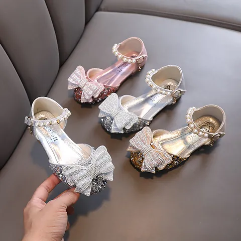 Mädchen Prinzessinnen Schuhe Strass Schleife Künstliche Perle Pailletten Tanzperformance Hochzeit Party Glitzernd PU Leder Flache Schuhe