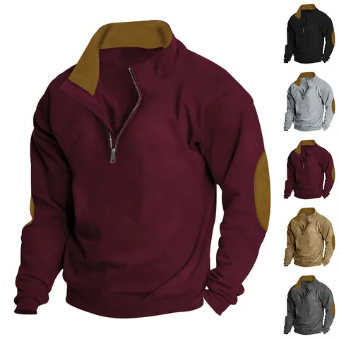 Men Quarter Zip Sweatshirt Stand Collar Long Sleeve Color Block Contrast Elbow Patches Polyester Elastane Pullover