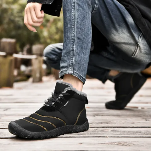 Men's Winter Snow Boots High Top Warm Plush Lined Lace Up Anti-Slip Thick Sole Outdoor Cotton Shoes Solid Color