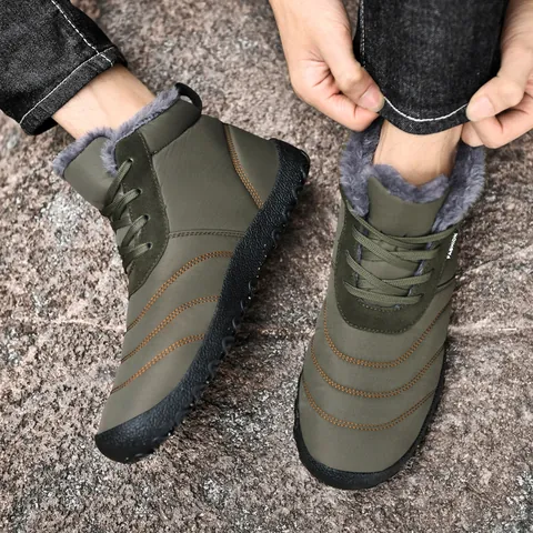 Men's Winter Snow Boots High Top Warm Plush Lined Lace Up Anti-Slip Thick Sole Outdoor Cotton Shoes Solid Color