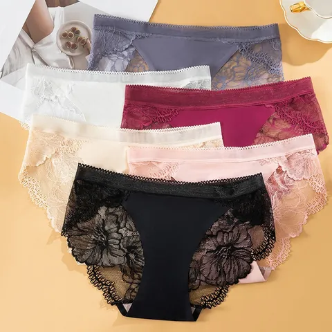 Culottes Sans Couture en Soie Glacée Sexy pour Femmes Taille Moyenne Patchwork en Dentelle Évidée Respirant Invisible