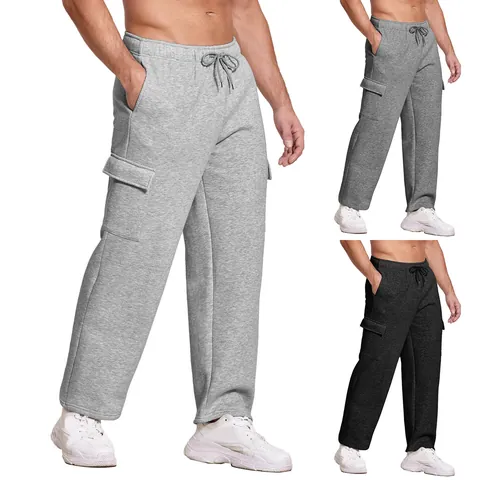 Herren Winter Verdickte Fleecegefütterte Cargo Jogginghose Locker Gestrickte Gerade Bein Lässige Jogger Unterteile