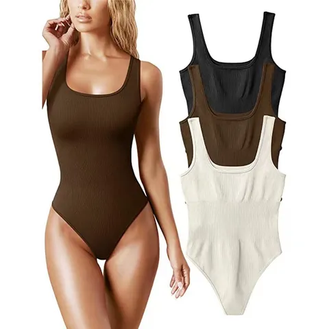 Women Seamless Ribbed Bodysuit Round Neck Sleeveless Tummy Control Shapewear Slim Fit Body Suit Women Casual Top