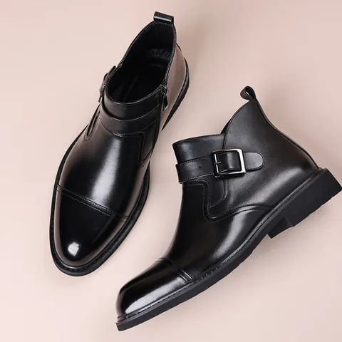 Botas Chelsea de Cuero Genuino para Hombre Estilo Británico Vintage Vestido de Negocios Botas Monk Strap Cosido a Mano Cremallera Lateral Botas Cortas