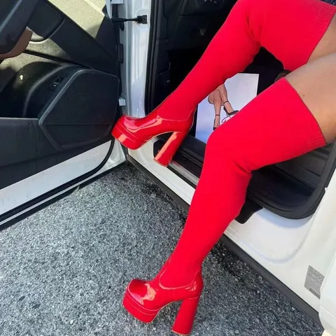 Women Over-The-Knee Boots Knit Patent Leather Patchwork Chunky High Heel Platform Round Toe Elastic Sock Boots Fashion Winter Footwear