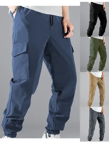 Men Retro Multi-Pocket Cargo Jogger Pants High Street Casual Elastic Waist Tactical Trousers Solid Color Outdoor Fashion Bottoms