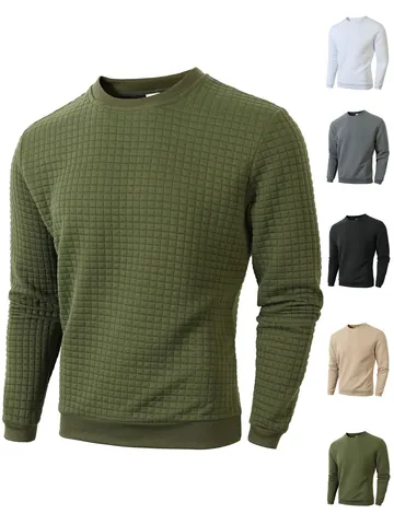 Herren Sweatshirt Mit Rundhalsausschnitt Lässiges Langarm Top Einfarbig 3D Karotextur Slim Fit Pullover Für Herbst Winter Mode