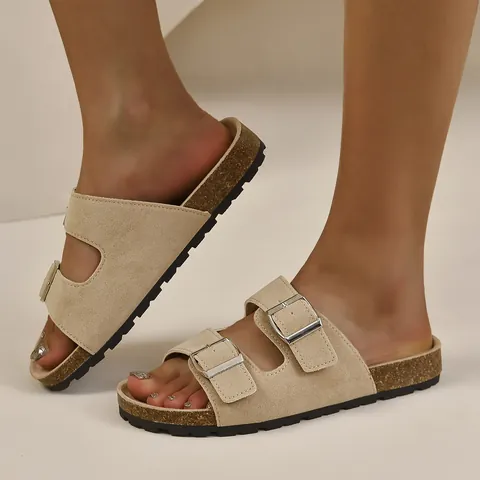 Women Retro Double Buckle Birkenstock Style Sandals Thick Sole Faux Suede Cork Footbed Casual Beach Slippers Summer Vacation Shoes