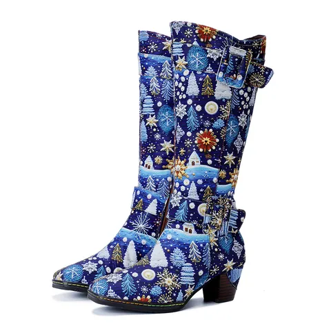 Dames Kerst Sneeuwvlok Print Hoge Laarzen Vintage Blokhak Kuitlaarzen Zijrits Vierkante Neus Winter Mode Schoeisel