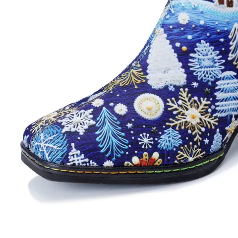 Dames Kerst Sneeuwvlok Print Hoge Laarzen Vintage Blokhak Kuitlaarzen Zijrits Vierkante Neus Winter Mode Schoeisel