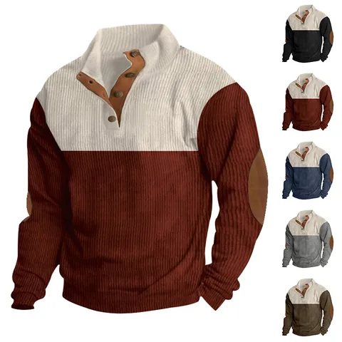 Men Casual Corduroy Sweatshirt Color Block Stand Collar Long Sleeve Pullover Vintage Elbow Patch Top Spring Autumn Fashion