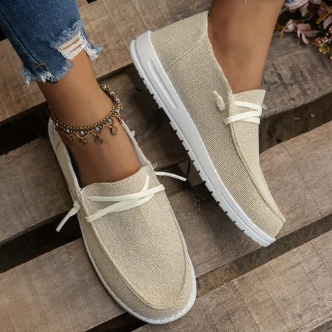 Women's Casual Canvas Loafers Comfortable Slip-on Flat Shoes With Decorative Laces Lightweight Breathable Walking Shoes For Autumn Daily Wear