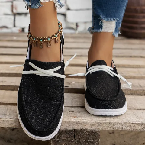 Women's Casual Canvas Loafers Comfortable Slip-on Flat Shoes With Decorative Laces Lightweight Breathable Walking Shoes For Autumn Daily Wear