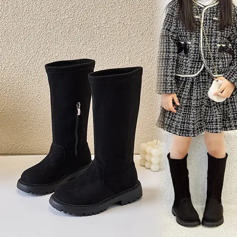 Mädchen Martin Stiefel Lange Hohe Schaft Seitlicher Reißverschluss Fleecegefüttert Warm Winterschuhe Mode Schwarz Lederstiefel Für Schule Kinder