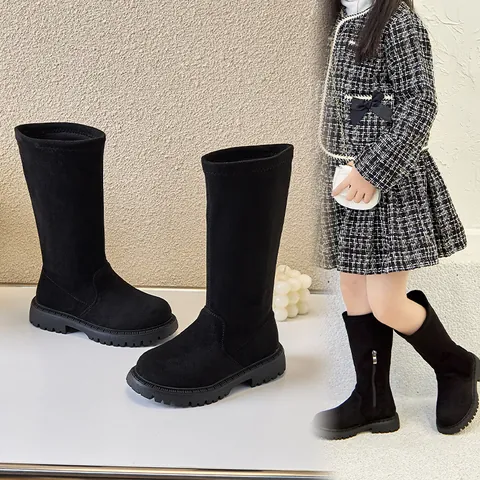 Mädchen Martin Stiefel Lange Hohe Schaft Seitlicher Reißverschluss Fleecegefüttert Warm Winterschuhe Mode Schwarz Lederstiefel Für Schule Kinder