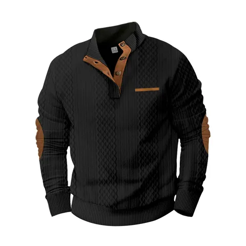 Men Jacquard Stand Collar Sweatshirt Long Sleeve Pullover With Button Elbow Patches Outdoor Casual Fashion Polyester Top