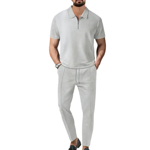 Heren Wafelgebreide Polo Met Korte Mouwen En Lange Broek Rits Reverskraag Effen Kleur Casual Loungewear