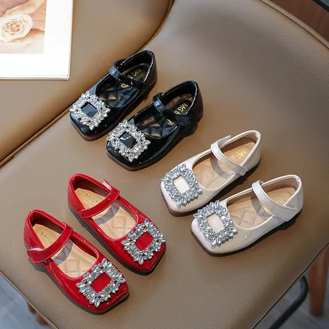 Girls Patent Leather Mary Jane Shoes Rhinestone Square Buckle Princess Dress Shoes Retro Velcro Flat Shoes For Kids