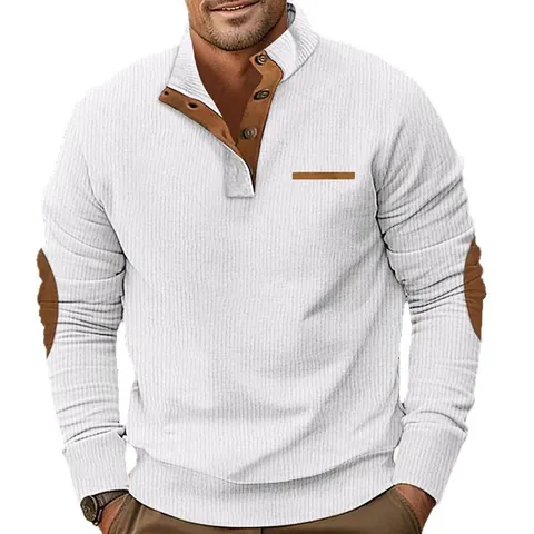 Men Casual Corduroy Stand Collar Sweatshirt Long Sleeve Button Patchwork Top With Elbow Patches Outdoor Loose Hoodie