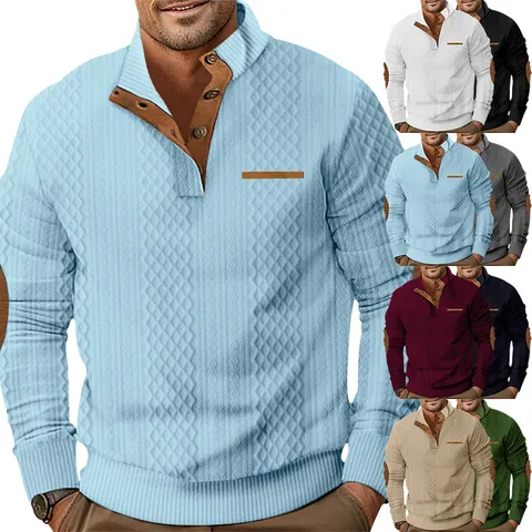Men Jacquard Stand Collar Sweatshirt Long Sleeve Pullover With Button Elbow Patches Outdoor Casual Fashion Polyester Top