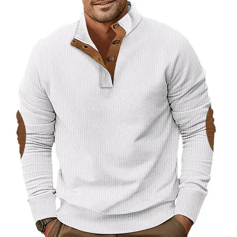 Men's Vintage Polyester Corduroy Stand Collar Sweatshirt Long Sleeve Casual Top With Contrast Elbow Patches Slim Fit