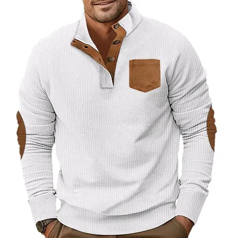 Men Corduroy Henley Hoodie Stand Collar Long Sleeve Contrast Color Slim Fit Pullover Sweatshirt Casual Autumn Jacket Top