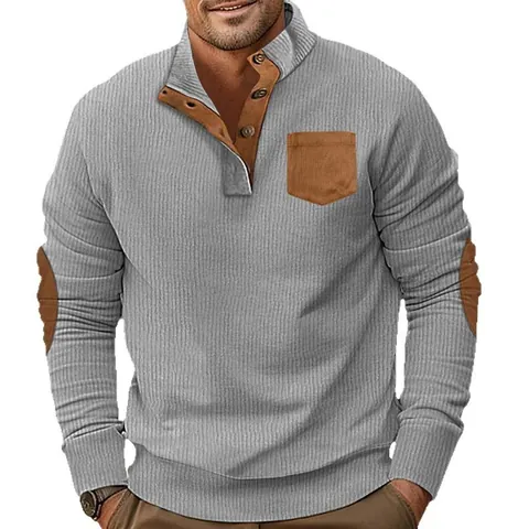 Men Corduroy Henley Hoodie Stand Collar Long Sleeve Contrast Color Slim Fit Pullover Sweatshirt Casual Autumn Jacket Top