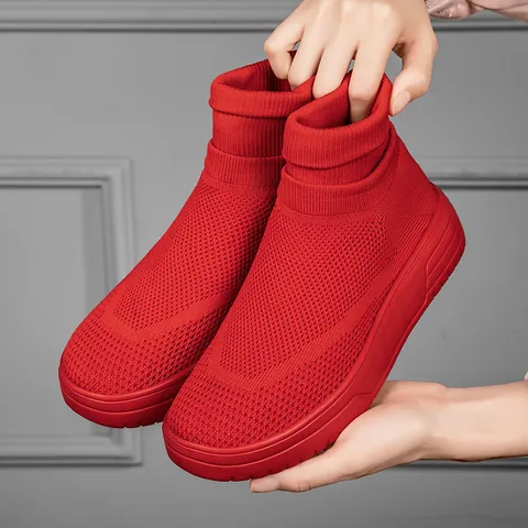 Men Women High-top Sock Sneakers Fly-knit Mesh Breathable Thick Sole Casual Leisure Board Shoes Outdoor Sporty Shoes