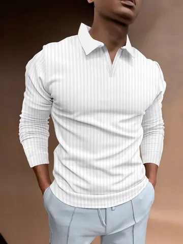 Men's Vertical Striped Polo Shirt Long Sleeve V-Neck Stand Collar Ribbed Texture Slim Fit Breathable Casual Sporty Top