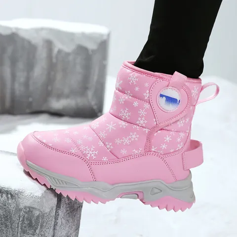 Winter Kids High Top Snow Boots Waterproof PU Fur Lined Ankle Boots With Snowflake Pattern Anti Slip Thick Sole For Boys Girls