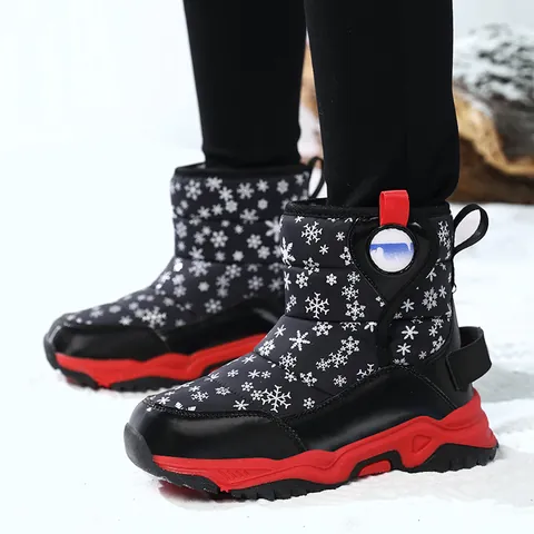 Winter Kids High Top Snow Boots Waterproof PU Fur Lined Ankle Boots With Snowflake Pattern Anti Slip Thick Sole For Boys Girls