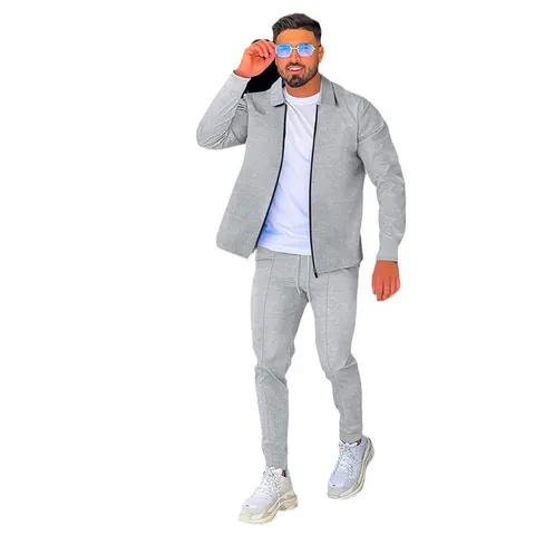 Men Waffle Knit Polyester Long Sleeve Lapel Zipper Jacket And Drawstring Pants Top And Bottom Fashion Casual Autumn Apparel