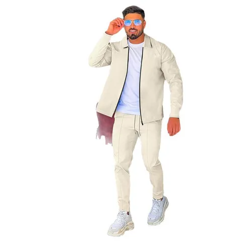 Men Waffle Knit Polyester Long Sleeve Lapel Zipper Jacket And Drawstring Pants Top And Bottom Fashion Casual Autumn Apparel