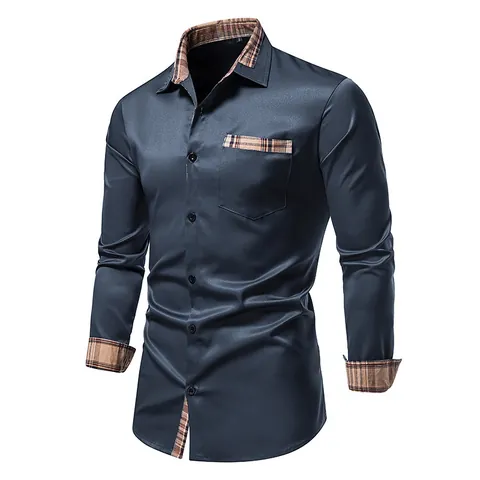 Chemise à Manches Longues pour Hommes Épissage à Carreaux Rétro Britannique Polyester Coton Décontracté Coupe Slim pour Bureau