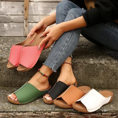 Summer Women Wedge Platform Sandals PU Leather Peep Toe Slides Comfortable Contrast Stitching Outdoor Leisure Beach Walking Shoes