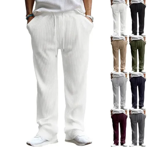 Men Casual Jacquard Striped Wide Leg Pants Loose Straight Drawstring Trousers Heavyweight Polyester Sweatpants For Daily Leisure