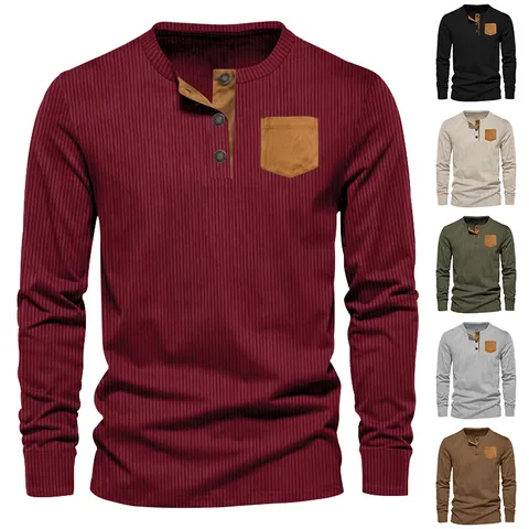 Men's Casual Corduroy Henley Shirt Long Sleeve Contrast Patch Pocket Slim Fit Button T-Shirt For Autumn Spring Top
