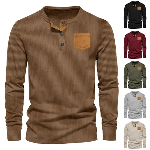 Men's Casual Corduroy Henley Shirt Long Sleeve T-Shirt With Contrast Patch Pocket Slim Fit Solid Color Autumn Spring Top