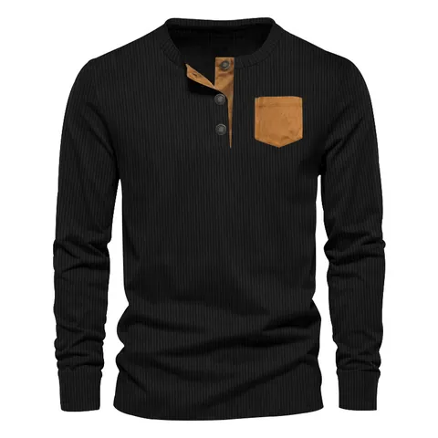 Men's Casual Corduroy Henley Shirt Long Sleeve Contrast Patch Pocket Slim Fit Button T-Shirt For Autumn Spring Top