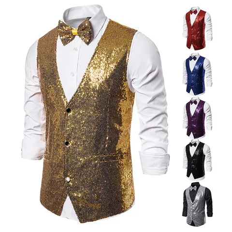 Gilet da Uomo con Paillettes Lucide Gilet per Esibizioni Sceniche per Presentatore Cantante Matrimonio MC Slim Fit Scollo a V con Papillon