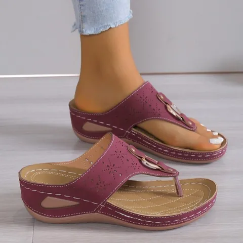 Damen Mode Keilabsatz Flip-Flops Laserschnitt Blumen PU Leder Strand Sandalen Rutschfeste Plattform Thong Slides Sommerschuhe