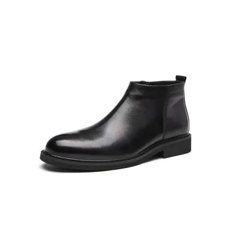 Bottines Chelsea pour Hommes Style Britannique en Cuir Pleine Fleur Business Décontracté Fermeture Éclair Latérale Chaud Automne Hiver Noir