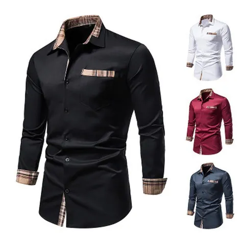 Chemise à Manches Longues pour Hommes Épissage à Carreaux Rétro Britannique Polyester Coton Décontracté Coupe Slim pour Bureau