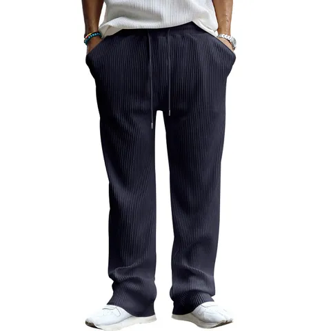 Men Casual Jacquard Striped Wide Leg Pants Loose Straight Drawstring Trousers Heavyweight Polyester Sweatpants For Daily Leisure
