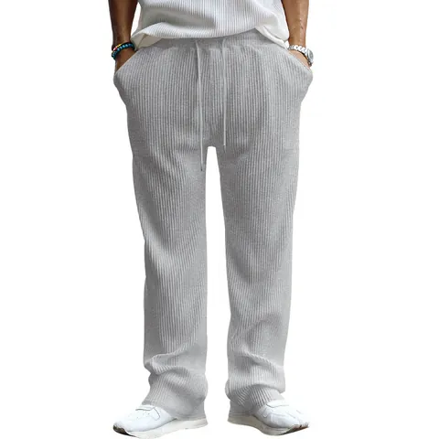 Men Casual Pants Ribbed Texture Straight Leg Wide Leg Drawstring Elastic Waist Striped Trousers Comfort Daily Wear